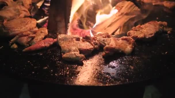Fleischstücke backen auf offenem Feuer — Stockvideo
