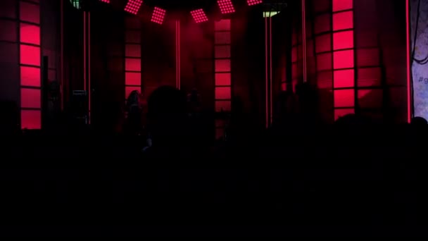 Disc jockey silhouet speelt muziek in donkere nachtclub — Stockvideo