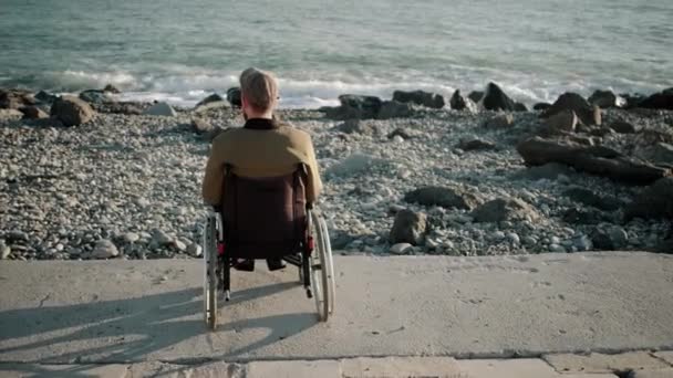 Solo el usuario de silla de ruedas masculina está sentado tranquilamente en la costa y relajante, vista trasera — Vídeos de Stock