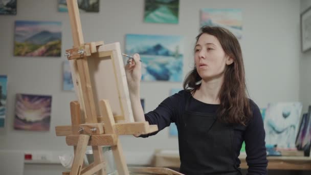 Vrouw tekent een tekening in masterclass schilderkunst in atelier — Stockvideo