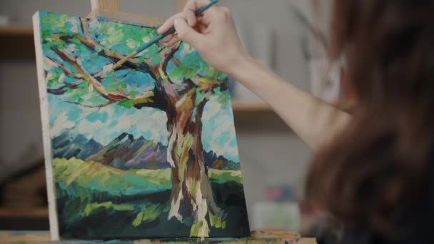 Últimos toques a la pintura paisajística — Vídeos de Stock