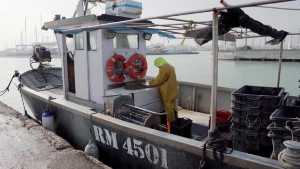 Pescador que selecciona moluscos a bordo do navio — Vídeo de Stock