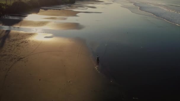 Przygód rowerzysta jazda na wybrzeżu oceanu, widok z lotu ptaka — Wideo stockowe