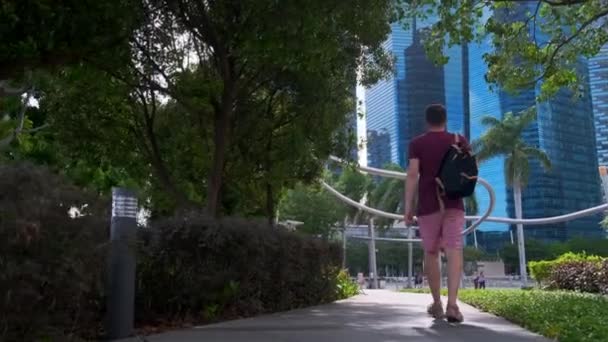 Hombre está caminando en parque en el centro de Singapur — Vídeos de Stock