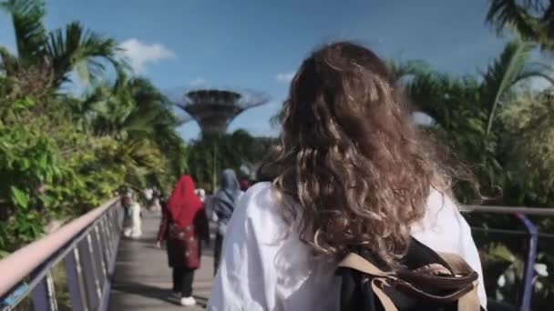 Donna turista vuole visitare Giardini vicino alla baia di Singapore — Video Stock