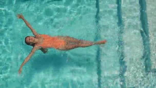 Vrouw drijft terug in het zwembad — Stockvideo