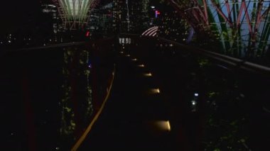 SINGAPORE - 8 Ocak 2020: Gece vakti körfez sera bahçeleri, yürüme köprüsü