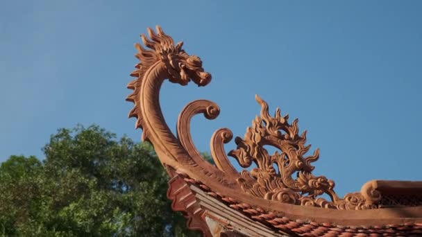 Detalles exteriores dragón de madera de Ho Quoc Pagoda, Vietnam — Vídeos de Stock