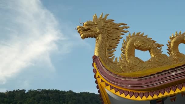 Gouden draak exterieur detail op het dak van boeddhistische tempel — Stockvideo