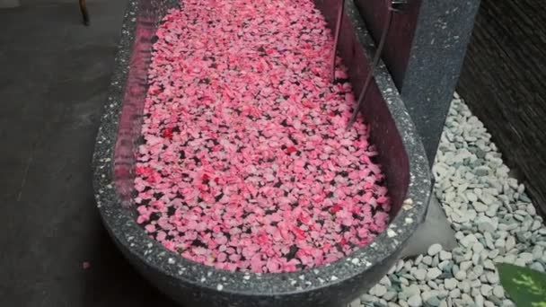 Spa relaxante, banho cheio de água e pétalas de flores — Vídeo de Stock