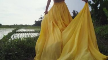 Tarım alanında çeltik tarlaları olan bir kadın.