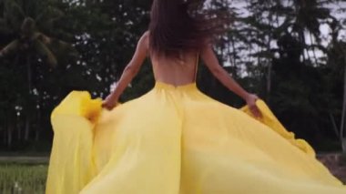 Zarif kadın pirinç tarlalarının geçidinde koşuyor.