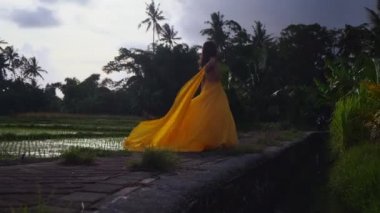 Muhteşem bir kadın pirinç tarlalarının üzerinde dönüp duruyor.