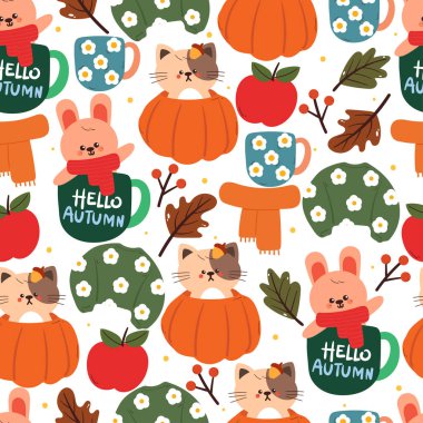 Çizgi film tavşanı ve kedisiyle sonbahar titreşimleri kusursuz. Duvar kağıdı ve hediye paketi kağıdı için sevimli sonbahar ögesi çizimi