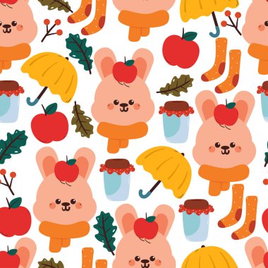 Tatlı çizgi film tavşanı ve sonbahar düşüşü elemanı kusursuz desen için çiziyor. Sonbahar titreşimli şirin desen
