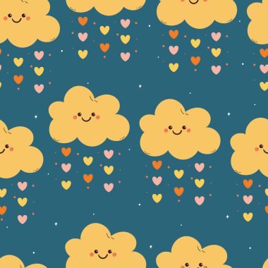 seamless pattern cartoon clouds character drawing with heart shower in blue background
