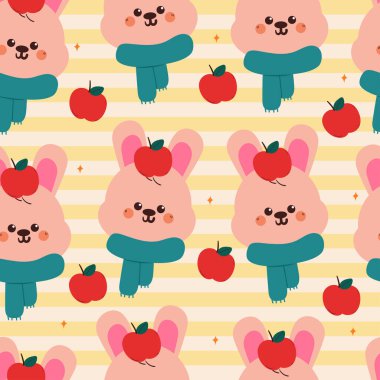 seamless pattern cute cartoon bunny with apple in pink stripe background. cute animal drawing for autumn wallpaper