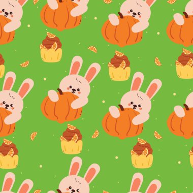 Sonbahar temalı duvar kâğıdı için balkabağı ve kekle kusursuz desenli şirin çizgi film tavşanı.