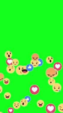 Animasyon Emoji Set. Sosyal medya Başparmağı yukarı, kalp, kızgın yüz, komik yüz, gülen yüz yüz animasyonu yeşil krom anahtardan geliyor.