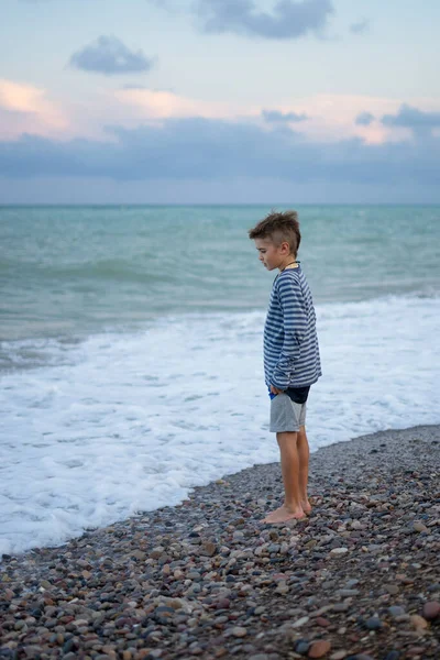 Düşünceli çocuk çakıl taşı plajında duruyor, alacakaranlıkta okyanus dalgalarını düşünüyor.
