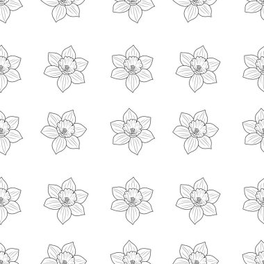 Kusursuz çiçek deseni ve narsisli çiçekler sanat tarzında. Duvar kağıdı, tekstil, ambalaj kağıdı ve dekoratif tasarım için zarif tek renkli botanik arkaplan.