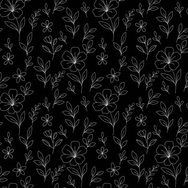 Kusursuz çiçek desenleri, el çizimi çiçekler ve siyah arka planda yapraklar. Tekstil, duvar kağıdı, ambalaj kağıdı ve dekoratif yüzey için zarif tek renkli botanik tasarımı
