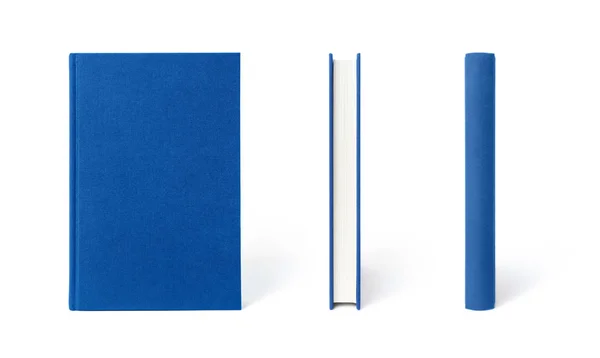 Livre Rigide Debout Bleu Isolé Vue Sous Trois Angles Couverture — Photo