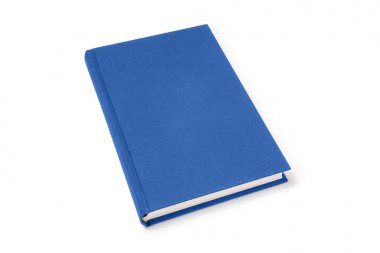 Mavi yalan ciltli kitap izole, perspektif görünümü. Pürüzlü pürüzlü dokuile doğal keten kumaştan yapılmış kapak.