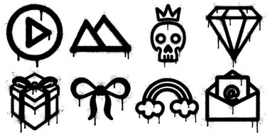 Graffiti sprey boya ikonları koleksiyonu. Oyun düğmesi, dağlar, taçlandırılmış kafatası, elmas, hediye kutusu, kurdele, gökkuşağı ve açık zarf da dahil..