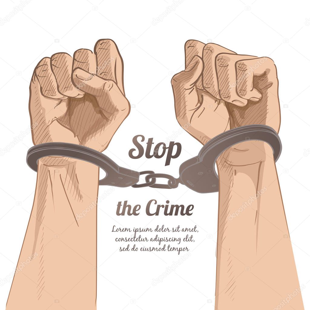 Handcuffs on the hands. Sketch vector illustration