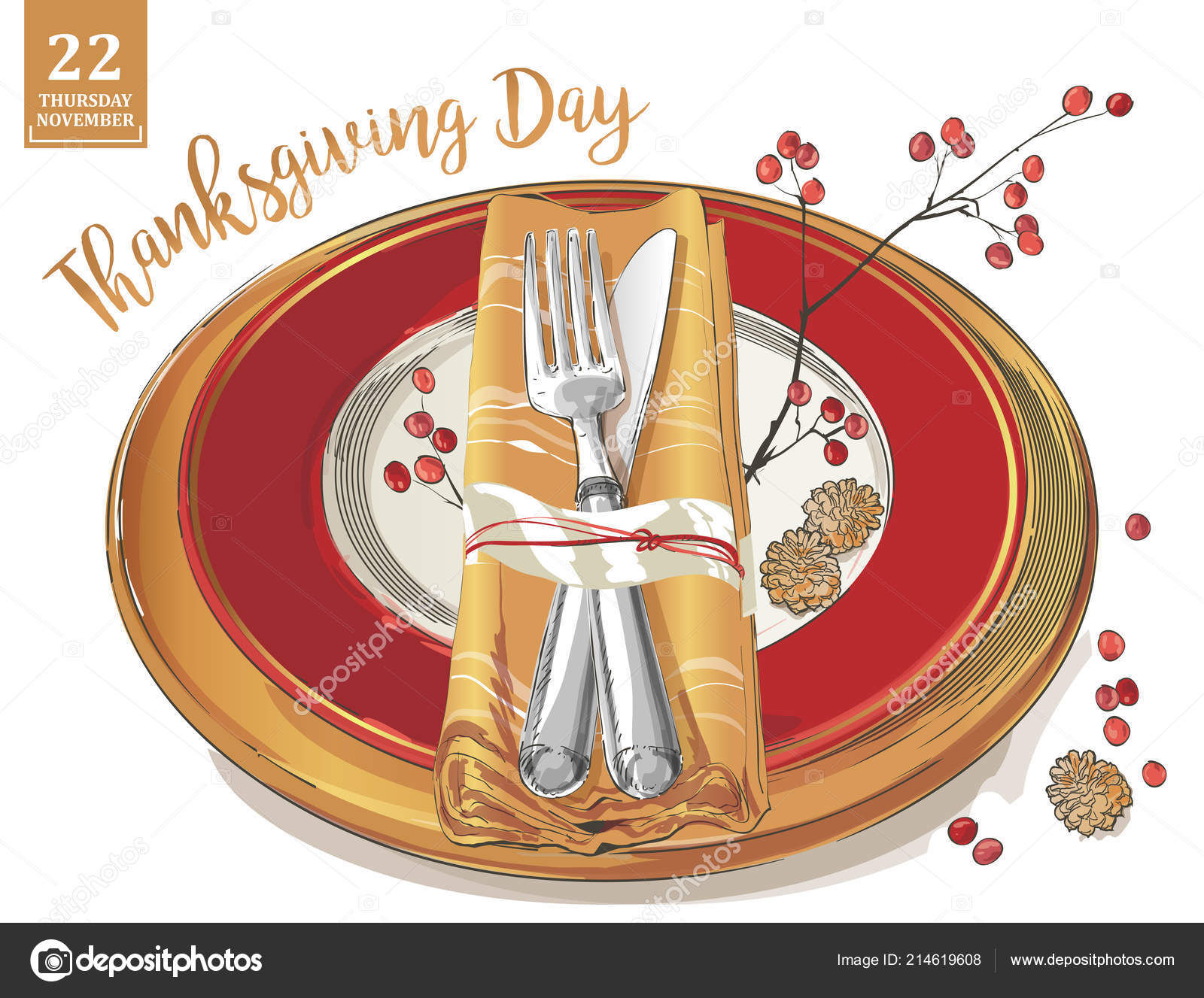 Thanksgiving poster template forks, knives, spoons, empty plate wine