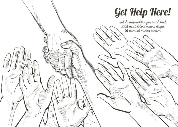 Helping hand concept hands taking each other vector line illustration