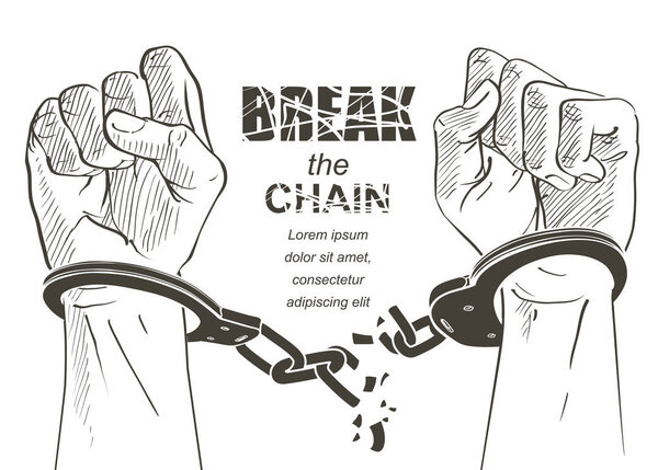 Handcuffs on the hands. Sketch vector illustration