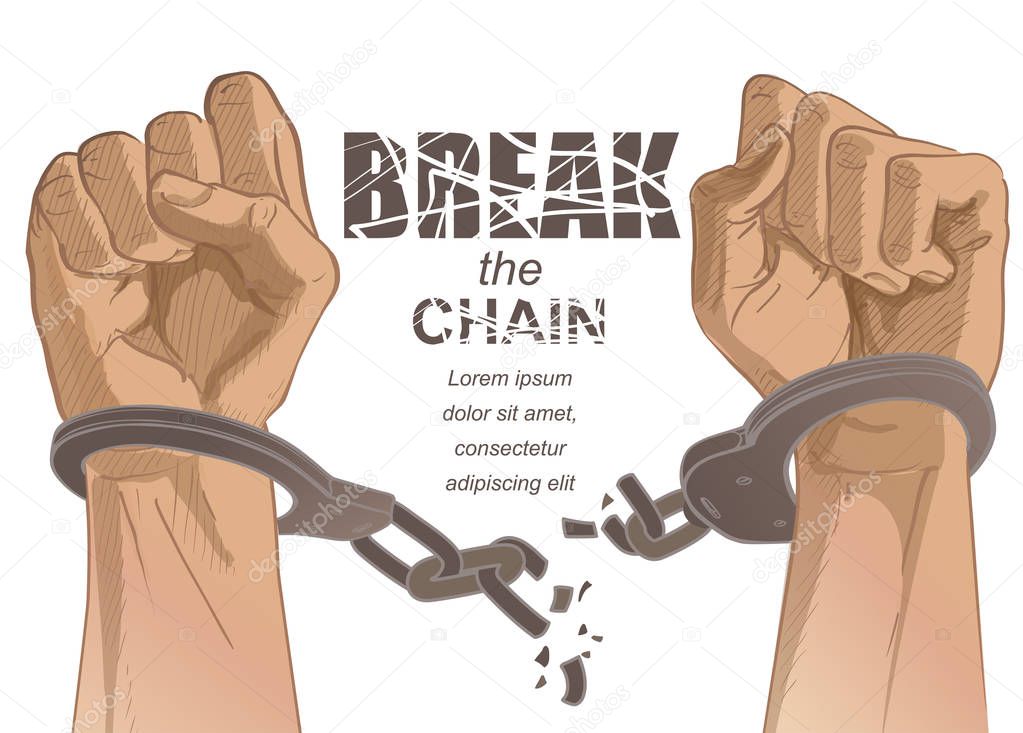 Handcuffs on the hands. Sketch vector illustration