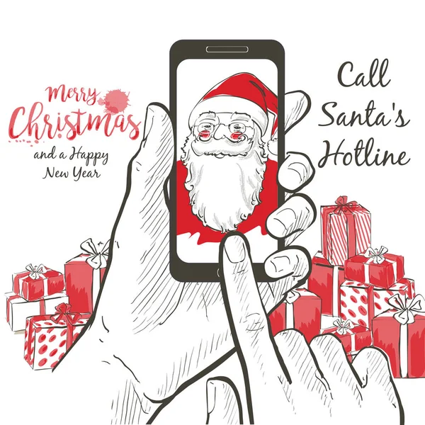 Ett realistiskt porträtt av jultomten som ringer med hjälp av smartphone skärmen. — Stock vektor