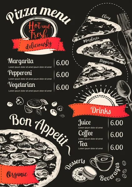 Menú pizza Vector rebanada pizarra fondo. Doodle vista superior. Ilustración del menú dibujado a mano, boceto de línea . — Archivo Imágenes Vectoriales