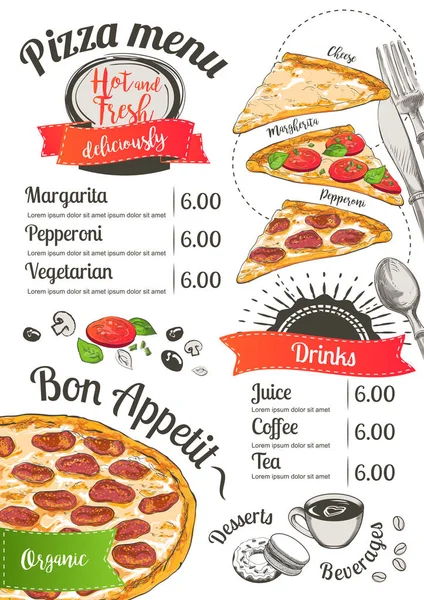 Menu pizza Vector slice chalkboard background. Doodle top view. Hand-drawn Menu illustration, line sketch. — Stock Vector