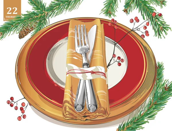 Χριστουγεννιάτικο Τραπέζι Διακόσμηση Ρύθμιση Διάνυσμα Εορταστική Μαχαιροπήρουνα Σετ Μαχαίρια Κουτάλια — Διανυσματικό Αρχείο