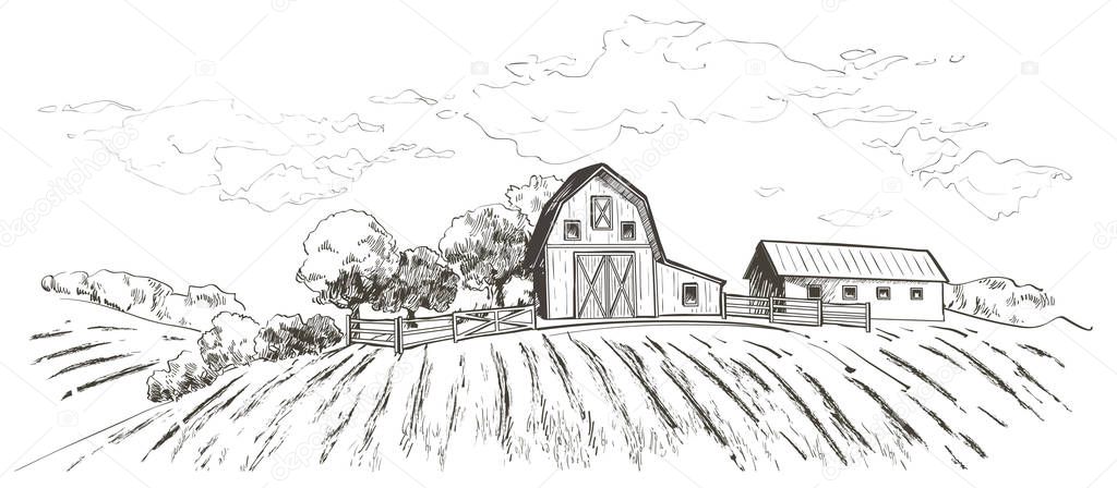 Rural landscape field wheat, Old Barn, house, trees, windmills, animals, cows, silage tower, plants, fences and other elements, forest panorama. Hand drawn vector Countryside engraving