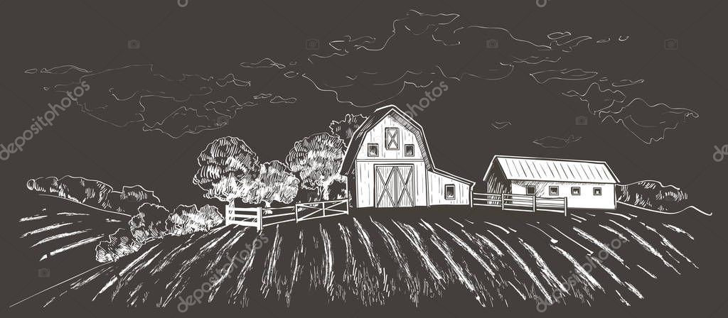 Rural landscape with field wheat, Old Barn, house, trees, windmills, animals, cows, silage tower forest panorama. chalk drawing on the blackboard vector illustration Countryside