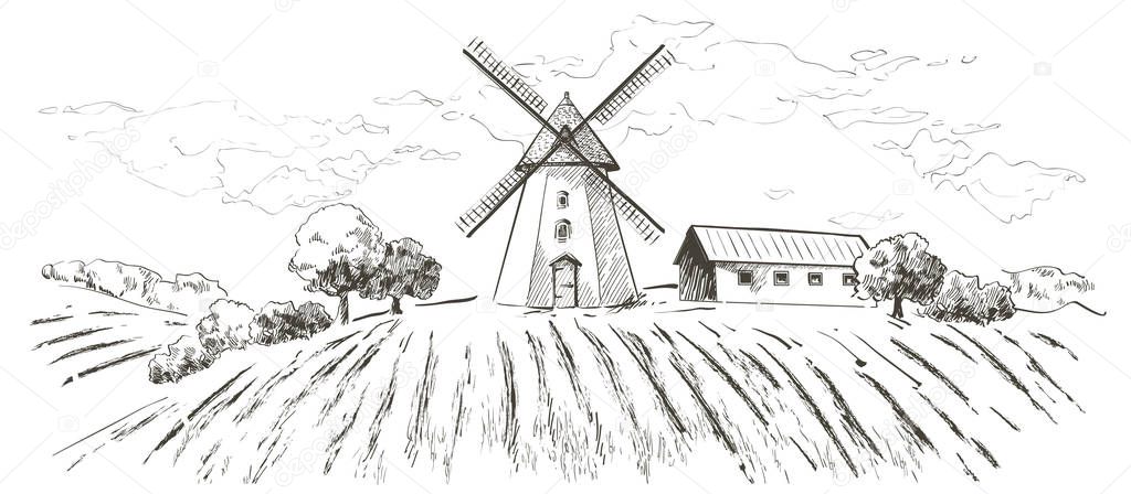 Rural dutch landscape with windmill and wheat field. Set of traditional windmill. Bakery shop, organic agricultural production, ecological food. Vector hand drawn vintage engraved sketch.