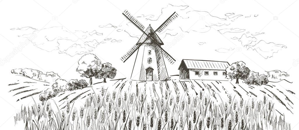 Rural dutch landscape with windmill and wheat field. Set of traditional windmill. Bakery shop, organic agricultural production, ecological food. Vector hand drawn vintage engraved sketch.
