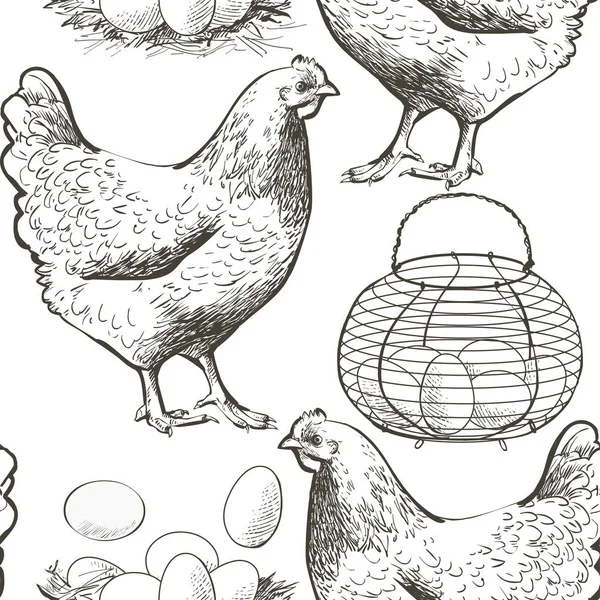 Χωρίς ραφή μοτίβο φορέα εικόνα κοτόπουλο, τα αυγά στην απεικόνιση διάνυσμα καλαθιού — Διανυσματικό Αρχείο