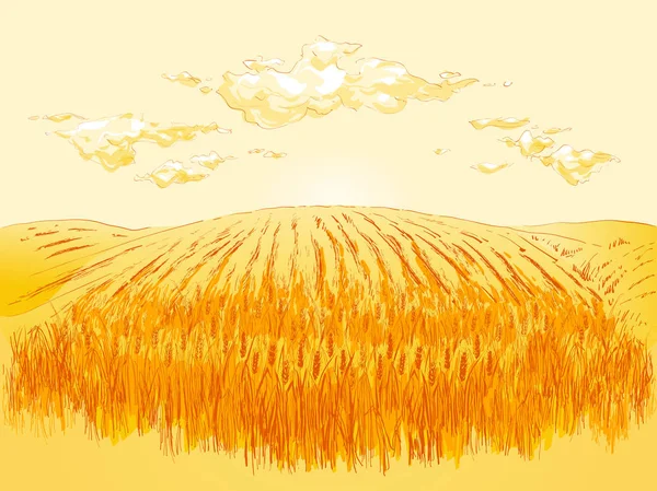 Paesaggio rurale campo di grano. Vettore disegnato a mano campagna paesaggio incisione stile illustrazione . — Vettoriale Stock