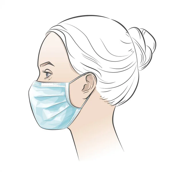 Ilustración vectorial Mujer con mascarilla quirúrgica médica desechable . — Archivo Imágenes Vectoriales