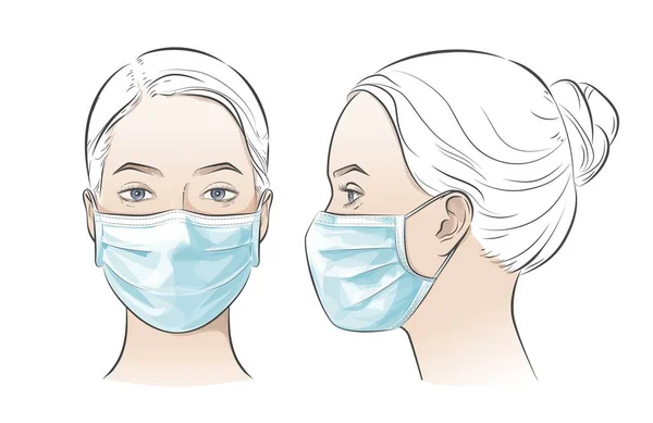 Vector illustration Woman wearing disposable medical surgical face mask. — Stock Vector