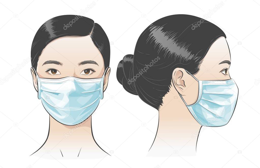 Vector illustration Woman wearing disposable medical surgical face mask.
