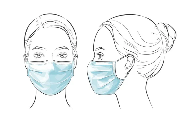 Ilustración vectorial Mujer con mascarilla quirúrgica médica desechable . — Archivo Imágenes Vectoriales