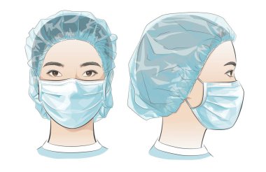 Vektör illüstrasyon Kadın tek kullanımlık tıbbi cerrahi maske takıyor.