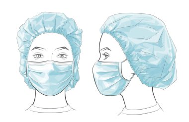 Vektör illüstrasyon Kadın tek kullanımlık tıbbi cerrahi maske takıyor.